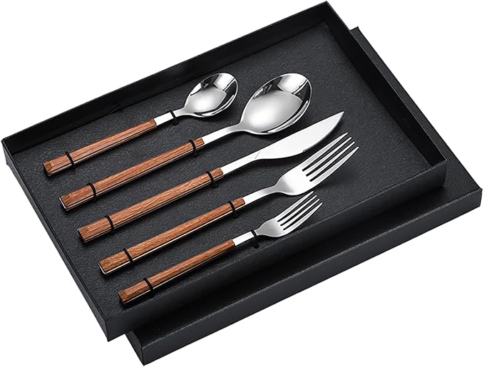 Stainless Steel Dinner Cutlery Set Elegant Flatware Serving Utensils 5 Pieces for Family Gatherings Wedding Picnics, Solid Stainless Steel (Wood Grain Handle)