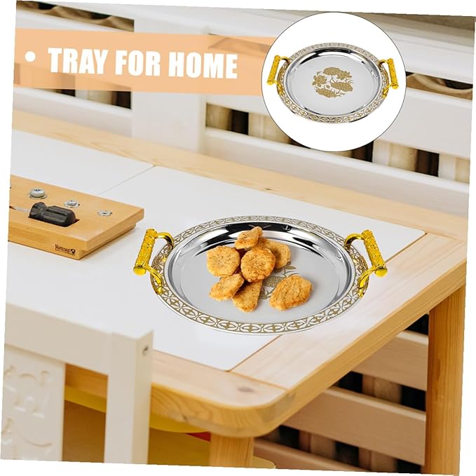 European Style Fruit Serving Tray Gold Patterned Round Appetizer Plate Sturdy Plastic and Stainless Fruit Holder for Home Buffet Party