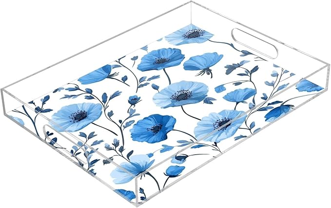 Serving Tray with Handles Clear Acrylic Tray 12x16 Inch Decorative Rectangular Tray Organizer for Ottoman Coffee Table Bathroom Blue Poppy Flowers and Branches