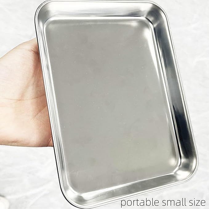 Lyellfe 6 Pack Small Stainless Steel Plates, 7''L x 5''W Mini Metal Food Tray Plate, Portable Size Baking Sheets for Oven, Food Safe Smooth Polished for Picky Eaters, Campers, Hand Project