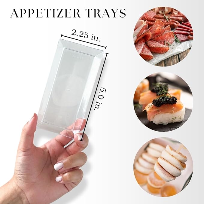 50ct Small 5" Clear Rectangle Mini Dessert Plastic Plates | Disposable Tiny Appetizer Serving Tray | Recyclable Clear Plastic Plates | Perfect for Mini Appetizer Plates for Parties, Weddings CMJJ
