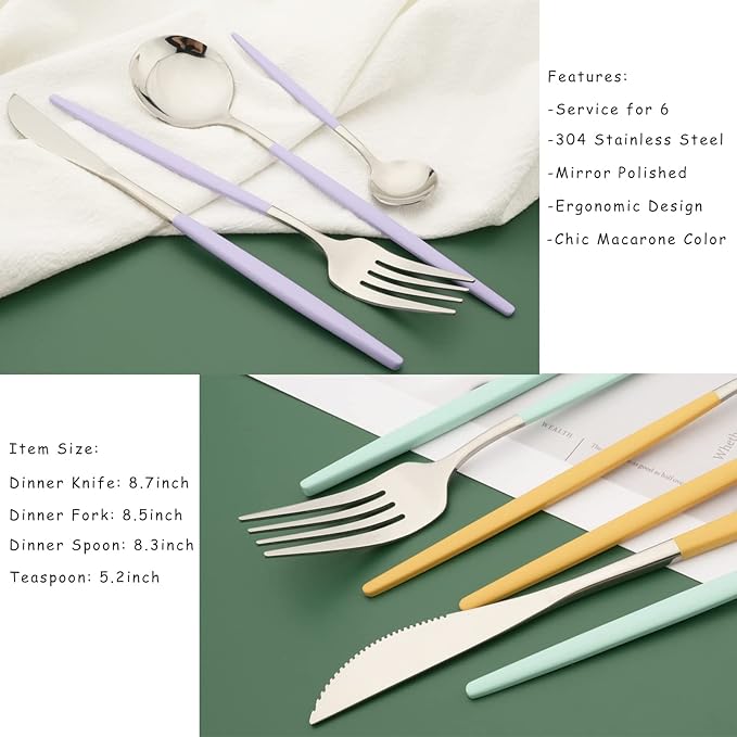 Silverware Set, 24 Pcs Stainless Steel Flatware Cutlery Set, Knives Forks and Spoons Set with Colored Handles, Rust-proof Serving Utensils, Mirror Polished, Service for 6 (Silver+Pink)