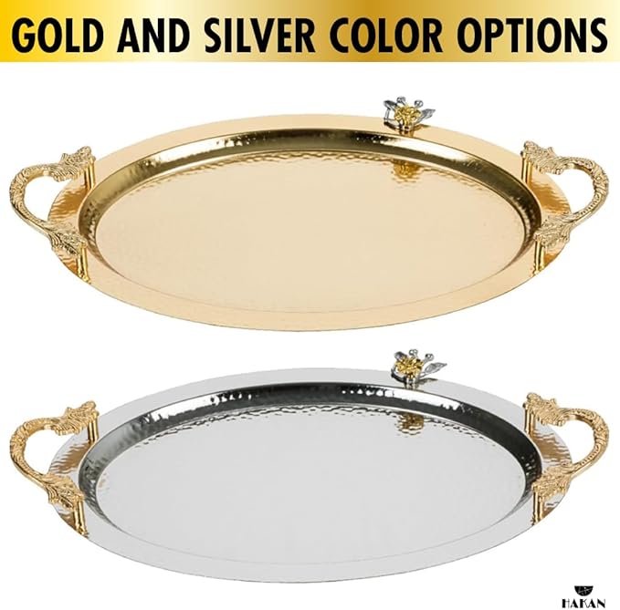 Ornamental Big Oval Gold Serving Tray with Leaf Handles, Anti Tarnish Serving Tray, Hammered Design Service Tray, Large, 19.6" x 13", Gold, Silver (Gold)