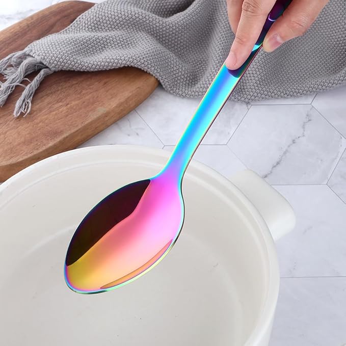 13-Inch Big Serving Spoons Set, TEHAHA Stainless Steel Long Handle Buffet Serving Spoons Set (2, Rainbow)