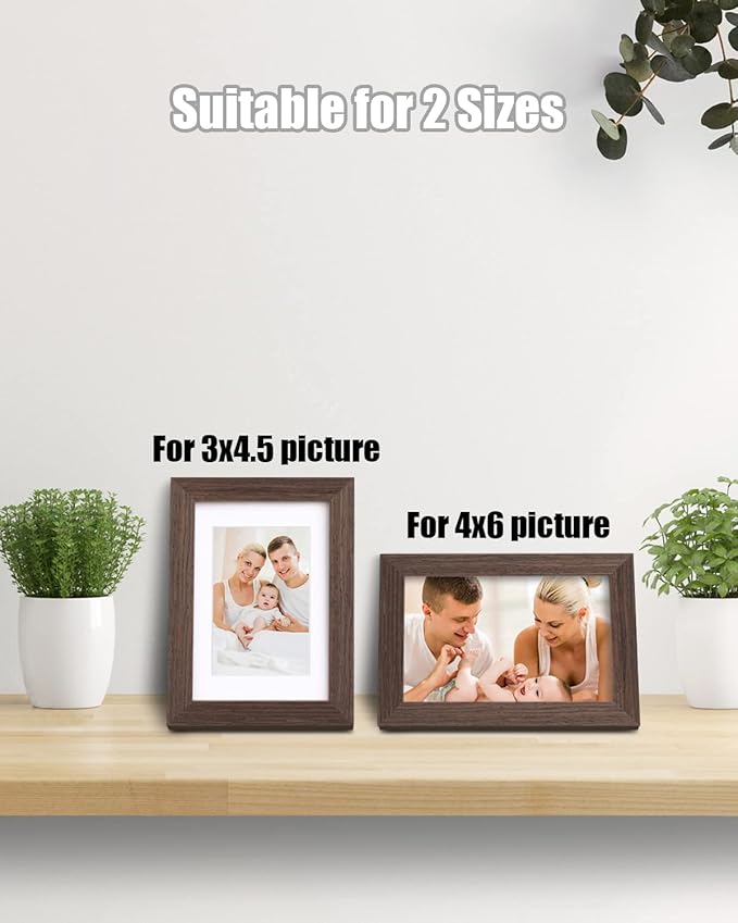 Egofine 4x6 Picture Frames Set of 4, Made of Solid Wood Covered by Plexiglass 3x4.5 and 3.5x5 with Mat or 4x6 without Mat, for Table Top Display and Wall Mounting Photo Frame Brown