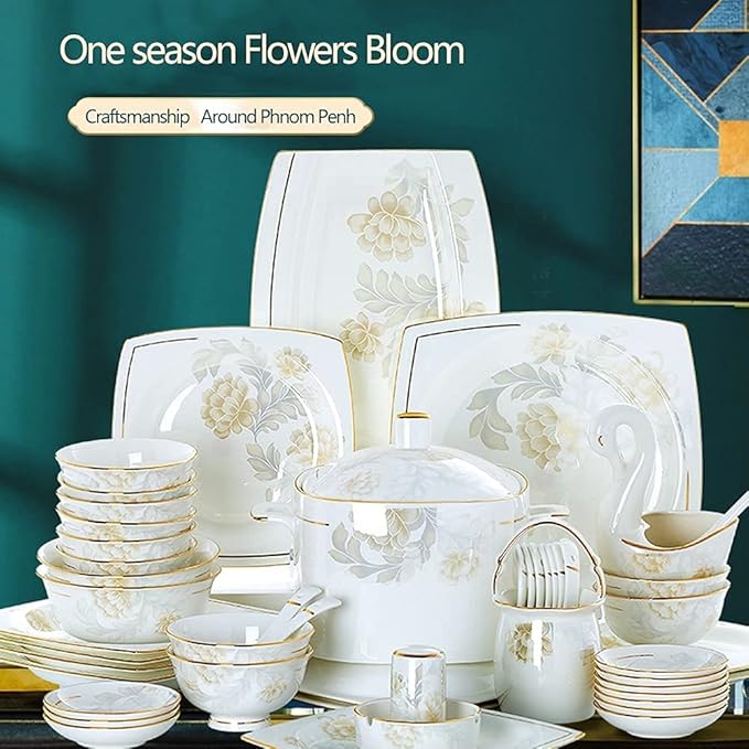 Dinnerware Sets - Luxury Gift Dishes Service Set, 35,56,60PCS Ceramic Dinnerware Set Bone China Tableware Dishes Plates Ceramic Combination Dinner Service Set Porcelaine Service for 10 (56 Pieces)