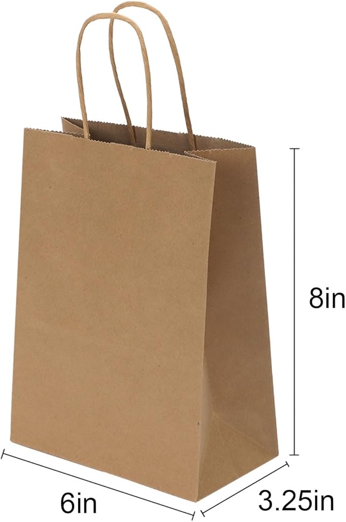 Joybe 100 Pack 6x3.25x8 Inch Small Brown Paper Bags with Handles Bulk, Kraft Paper Gift Bags for Birthday Party Favors Grocery Retail Shopping Business Goody Craft Sacks (Blank Plain Natural, 100pcs)