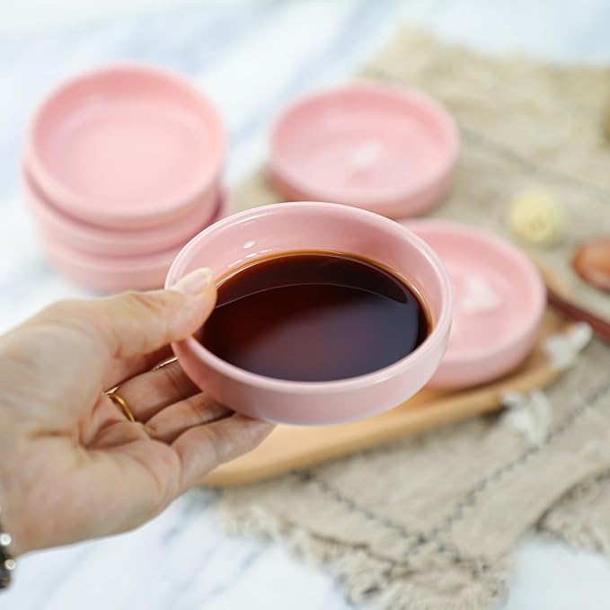 Colias Wing 3.5 Inch Simple Style Single Color Pattern Stylish Design Multipurpose Porcelain Side Dish Bowl Seasoning Dishes Soy Dipping Sauce Dishes-Set of 6-Pink