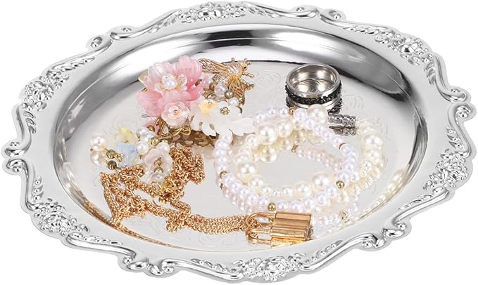 Sewroro Silver Serving Tray Round Iron Dessert Platter Snack Serving Platter for Home Entertaining and Jewelry Display