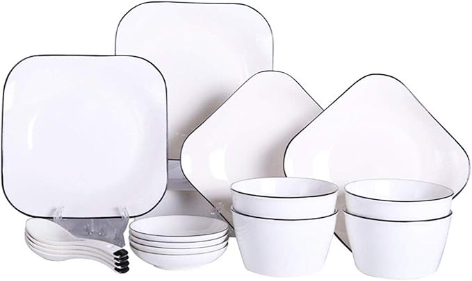 Dishes/Plate/Bowl Set,16 Pieces White Black Line Ceramic Tableware Dinner Set