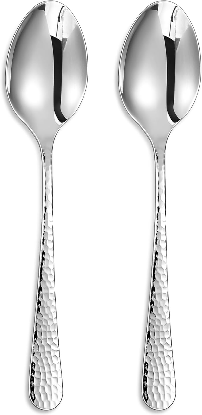 KEAWELL Premium Louise Hammered Serving Spoon Set, 18/10 Stainless Steel, 9" Fine Hostess Utensils with Round Edge, Dishwasher Safe (Set of 2)