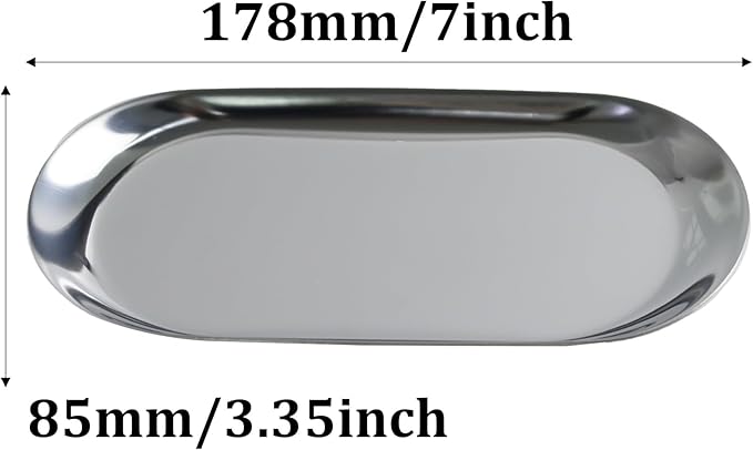 2Pcs 7x3.3inch Stainless Steel Decorative Trays, Oval Jewelry Dish Cosmetics Organizer, Silver Serving Platter for Bathroom Vanity Dresser Storage
