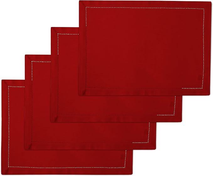 Encasa XO Placemats Set of 4 | Cotton Hemstitched Design | Red | Rectangular 19"x13" - Dining Table Mat | for Dining Table Fall Decoration, Holiday & Christmas Festivals - Machine Washable