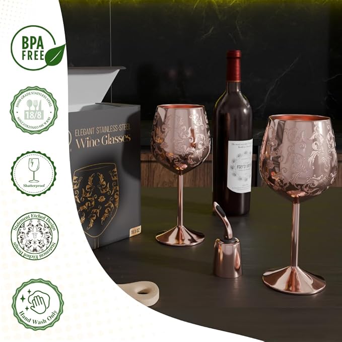 17oz Stainless Steel Wine Glasses | Gift for Mother's Day [Set of 2]–Rose Gold Royal Goblets with Intricate Baroque Engravings, Unbreakable and Shatterproof Wine Cups with Bottle Stopper