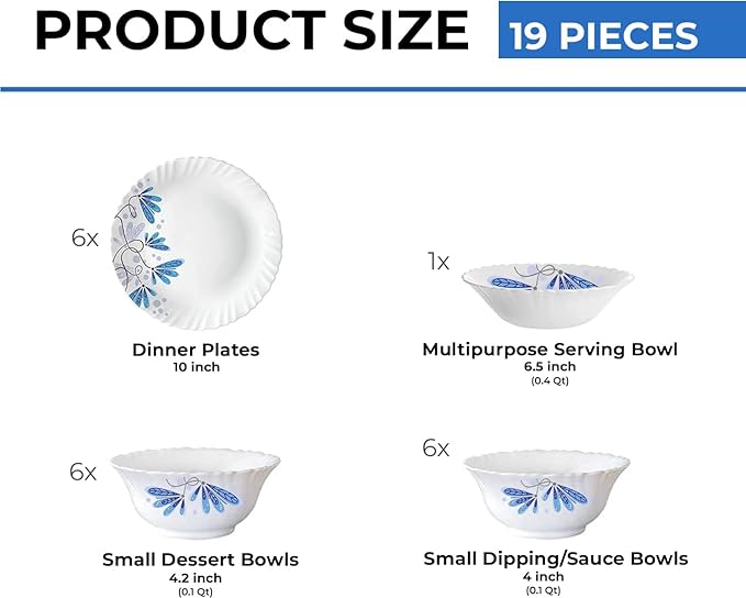 Borosil Gourmet Dinnerware Set For 6, 19 Pieces, White Dinner Plates and Bowls Sets, Chip Resistant Tempered Opal Glass, Stain Resistant, Dishwasher & Microwave Safe Dinner Set For Gifting, Serves 6