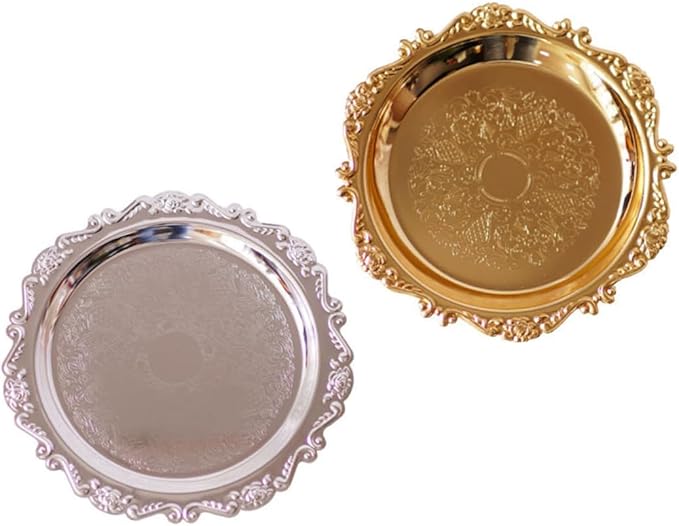 2 Pcs Premium Stainless Steel Food Serving Tray Silver and Gold Multi-Functional Plates for Desserts Fruits Snacks for Weddings Parties Restaurants and Home Use