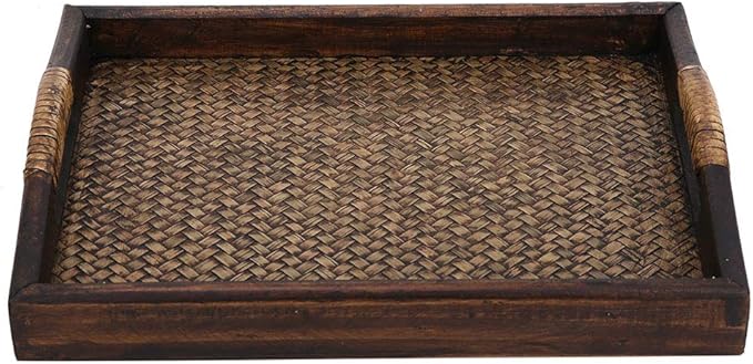 Woven Rattan Rectangle Serving Tray, 9 in Hand Woven Rattan Serving Tray Hand-Made with Raised Handles and Wood on All Sides Decorative for Dining Coffee Table Tea Party