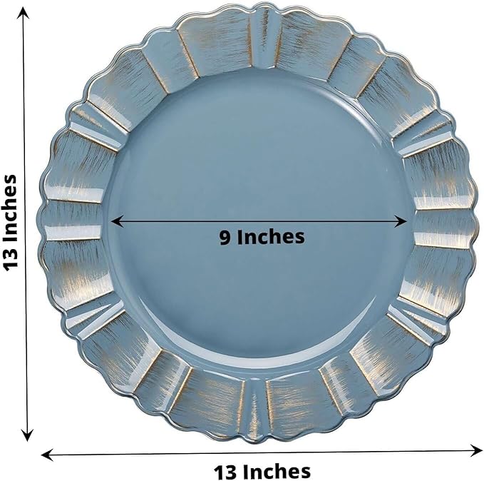 Efavormart 12-Pack Acrylic Plastic Charger Plates 13" Round Dusty Blue with Gold Brushed Wavy Scalloped Rim - Dinner Charger Tableware