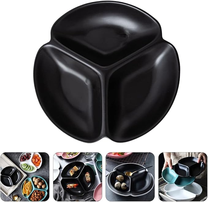 3- Compartment Tray Ceramic Serving Plate Snack Storage Container Fruit Plate Serving Dish Appetizer Plate-Black