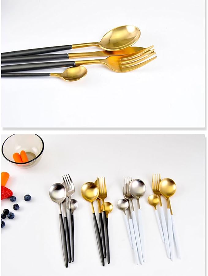 Lots 4pcs 304 Stainless Steel Tableware Dinner Spoon Fork Knife Flatware Serving Sets Spoons Forks Knives，Black + Silver-4