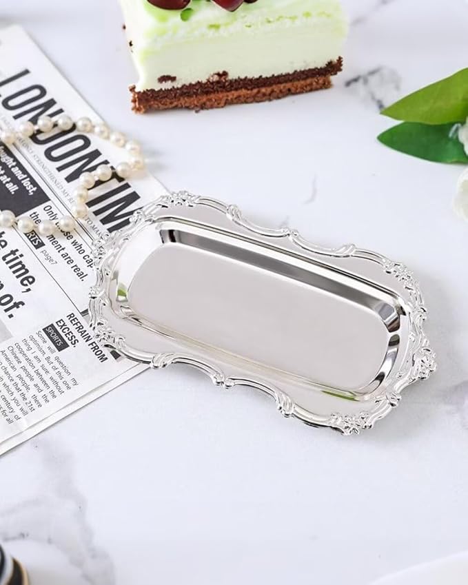 3PCS 8in Vintage Serving Trays Set Decorative Tray Metal Tableware Platters for Cookies Desserts Party Food Display (Silver)