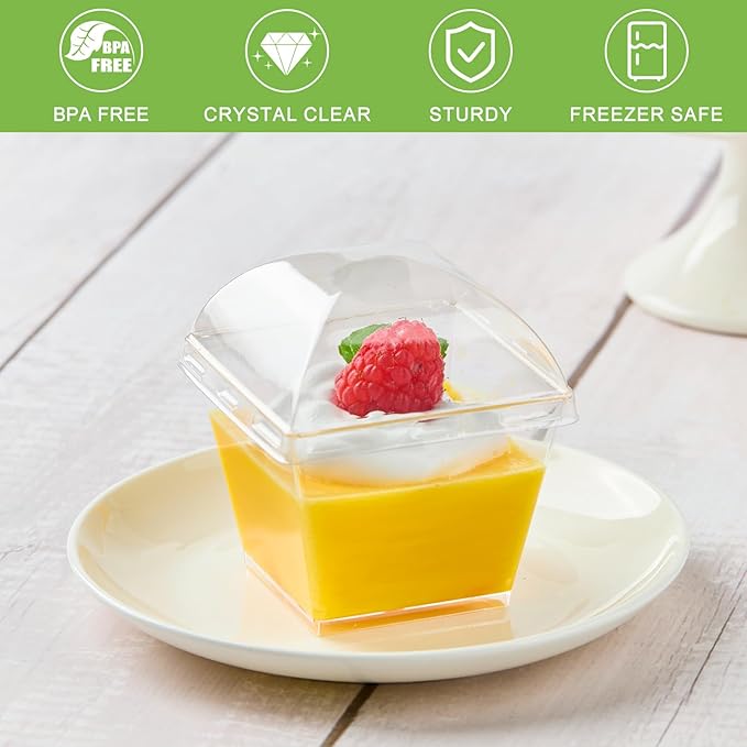 Zezzxu 50 Pack 4 oz Square Dessert Cups with Dome Lids and Spoons, Plastic Pudding Cups with Lids Mini Parfait Shooter Cups for Party Individual Banana Pudding Jello Yogurt Fruit Trifle