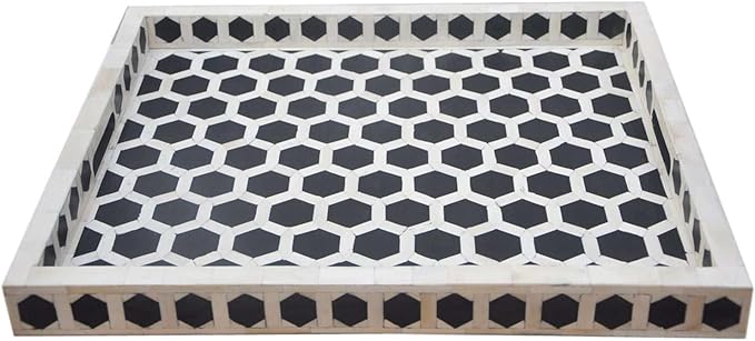 Hansa Handmade Bone Inlay Serving Tray with Handles and 1.96" Wall Tray Geometrical Pattern Decorative Platter Basket Tray