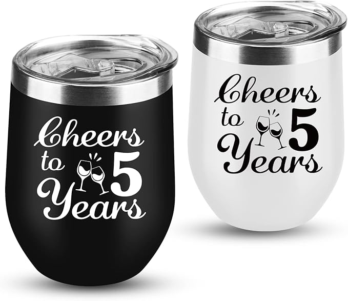 5th Anniversary Wedding Gifts for Couple - Wooden Wedding Five Years Anniversary Decorations - 2 Pack Wine Tumbler, 12 OZ