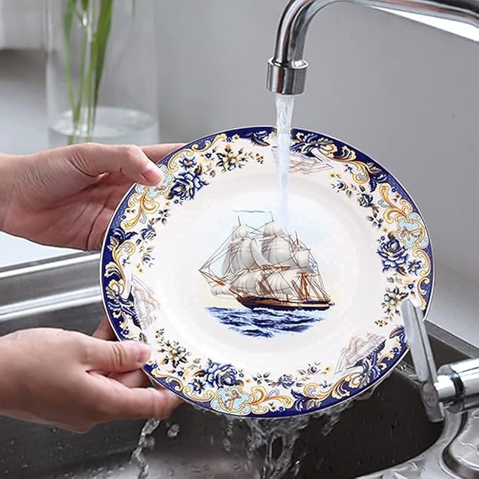 Dinnerware Sets Dish Set,58 Pcss,Bone China Porcelain Tableware Set with Plates Bowls and Dish,Sailboat Pattern Ceramic Dinner Set