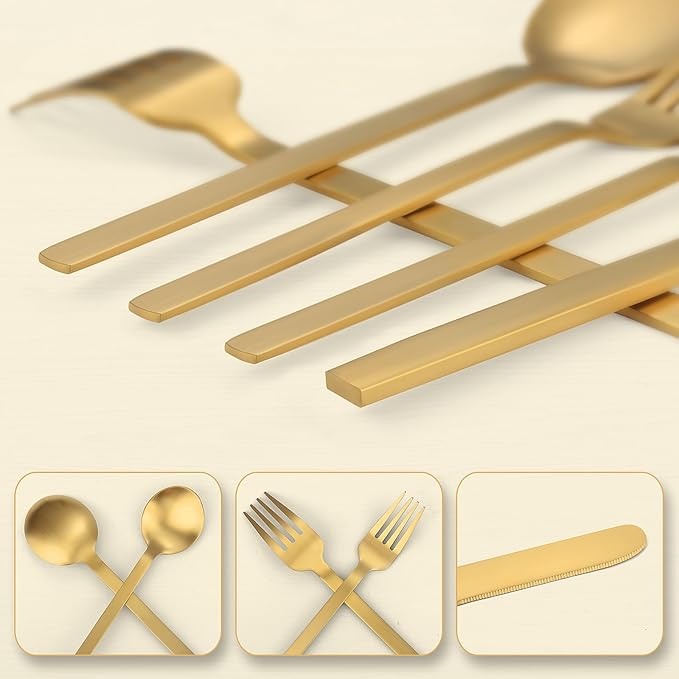 Gold Silverware Set, LAZAHOME 20-Piece Flatware Cutlery Set Service for 4, Stainless Steel Kitchen Utensil Set, Spoons And Forks Set, Matte Finished, Dishwasher Safe