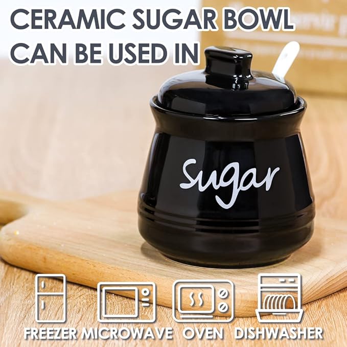 Porcelain Sugar Bowl with Lid and Spoon, 12 Ounces Ceramic Sugar Storage Jar, Sugar Container for Home and Kitchen (Black)