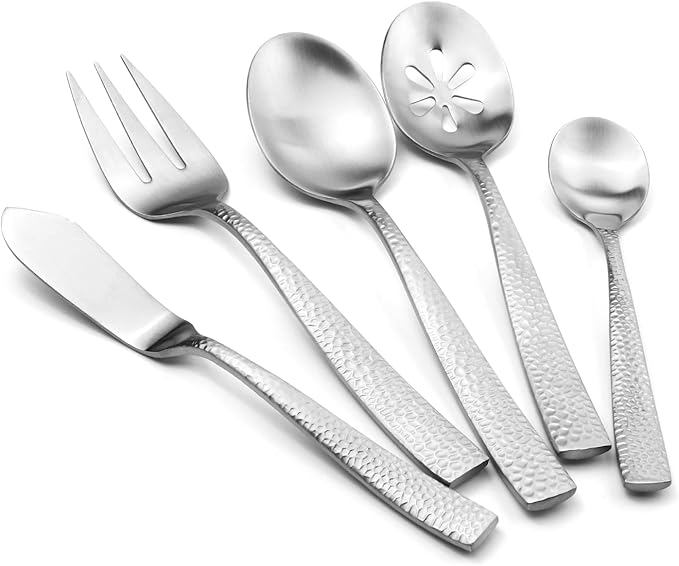 Stainless Steel Silverware Serving Set Hammered Silver Matte Finished 5 Piece Serving Utensil Set Flatware Set