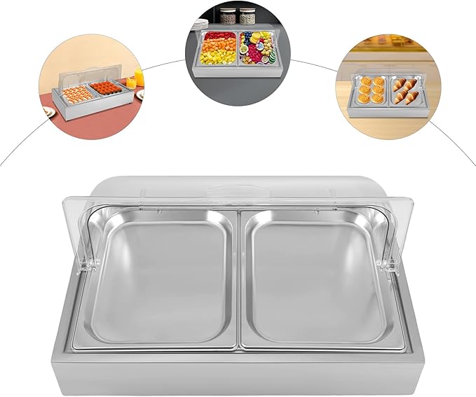 Ice Food Serving Display Tray for Parties, 3.17Qt Stainless Steel Cold Serving Cooler Platter with 2 Trays & Clear Roll Top Cover for Seafood Fruit Party Buffet (Silver)