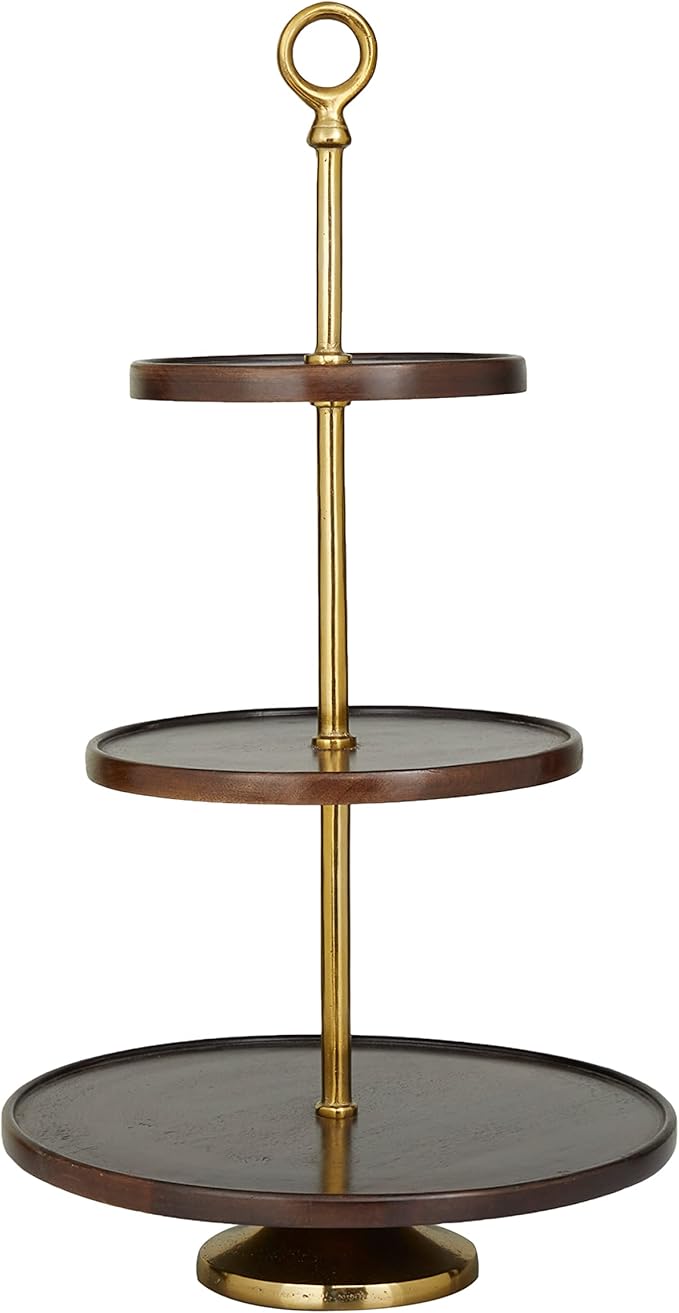 Deco 79 Mango Wood 3 Level Tiered Server with Gold Stand, 15" x 14" x 26", Dark Brown
