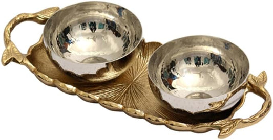 IHI EST. 1986 India Handicrafts Leaf Gold Tone 12 inch Metal Tray With Bowls 3 Piece Set