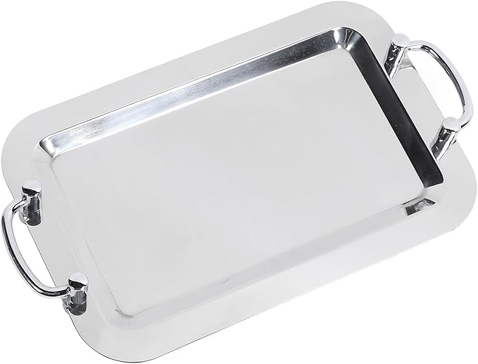 Stainless Steel Serving Tray,Mirrored Silver Tray Bright Mirror Finish Serving Tray with Handle for Hotel Restaurant Banquet Wedding - Elegant and Durable Platter (Rectangular (Length 16.9in))
