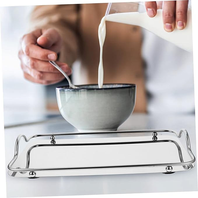 Veemoon Stainless Steel Serving Tray Rectangular Tray Handles Coffee Bar Accessory Organizer for Entertaining Parties