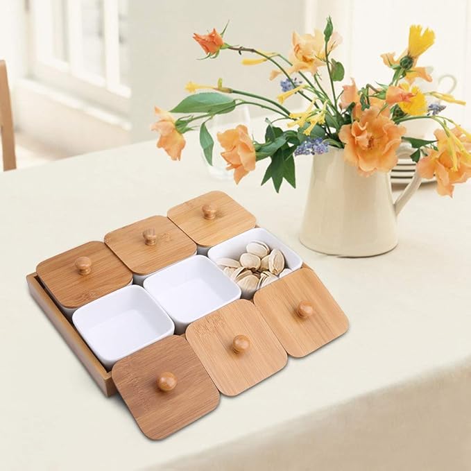 Ceramic Appetizer Serving Plate with Tray Cover, Snack Serving Plate for Fruits Nuts Desserts, BPA - Free White Ceramic Square Bowl with Separate Compartments, Modern Design (Six compartments with