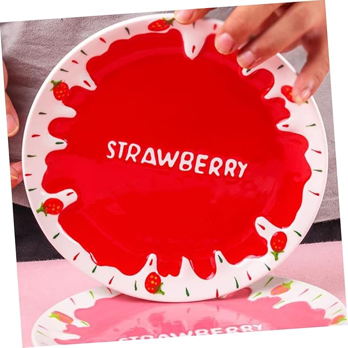 Food Serving Dish Hand-painted Strawberry Ceramic Plate for Pasta Desserts and Breakfast Cute Tableware for Birthday Parties and Home Use