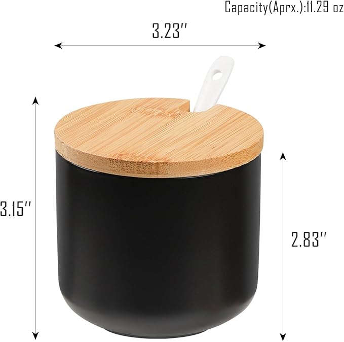 VanEnjoy Set of 2 Black Sugar Bowl with Lid 10oz Ceramic Sugar Bowl Salt Cellar with Lid and Spoon Salt Jar for Seasoning Sugar Container with Spoon