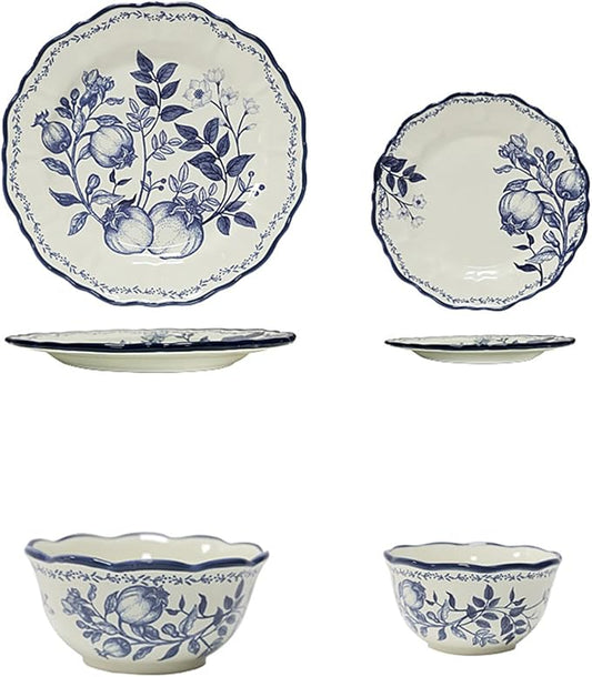 Ceramic Bowl,Steak Dinner Plate Creative Blue Flower Branches Leaves Vegetable Pattern Bowl Plate Set Tableware Gift Giving Ceramics Dinnerware Set Dishes 4-Pieces Sets