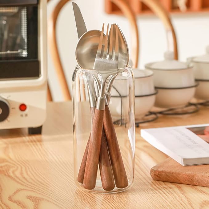 Wood Silverware Set for 6 Wooden Flatware Cutlery Utensils Set 18/10 Stainless Steel Walnut Handle 24 Piece Include Knives Forks and Spoons Tableware Set for Home Kitchen Wedding Restaurant