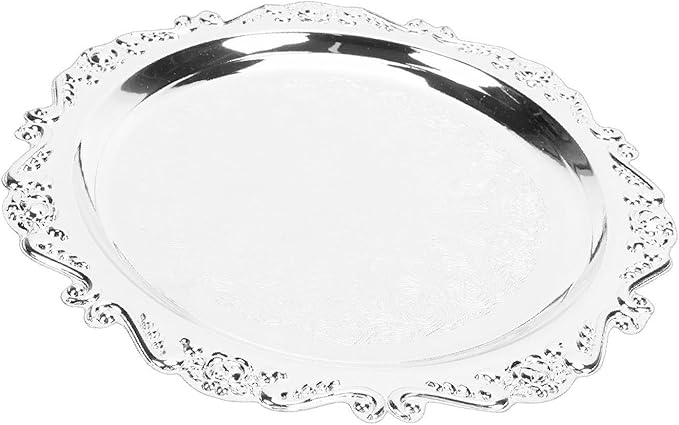 Asixxsix Asixxsix Silver Serving Tray, Vintage Floral Engraved Decorative Tray with Floral Design for Party Food Appetizers Desserts Fruits Whiskey Charcuterie (25cm) (20cm)