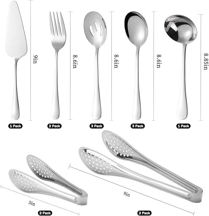 14 PCS Stainless Steel Serving Utensils Set-Serving Spoons,Slotted Spoons, Serving Forks, Serving Tongs,Soup Ladle, Appetizer Tongs, Pie Server for Buffet Catering Entertaining Banquet Party