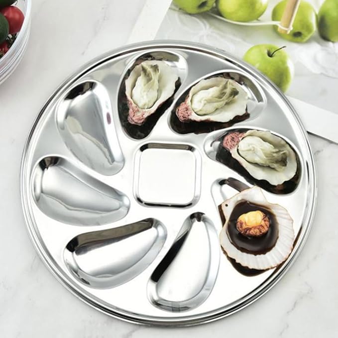 UPKOCH 1 Set of Stainless Steel Oyster Serving Tray, Shell Plate with Fork and Opener Tool, Silver, 9 Inch Diameter, for Home and Restaurant Use