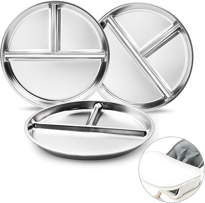 Stainless Steel Kids Plates 3 Packs, 8" Divided Toddlers Portion Control Plate, Non Toxic & BPA Free |Unbreakable |Dishwasher Safe Baby Snack Dish for Solid Starts Self-Feeding