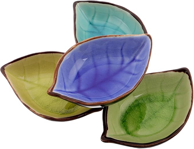 4pcs Leaf Shape Ceramic Appetizer Plates with Unique Crackle Glaze for Dipping Sauces Sushi Desserts and Snacks Multi-color for Home and Party Use