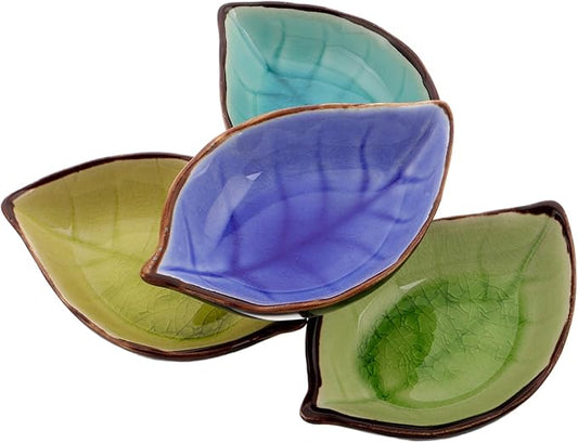 4pcs Leaf Shape Ceramic Appetizer Plates with Unique Crackle Glaze for Dipping Sauces Sushi Desserts and Snacks Multi-color for Home and Party Use