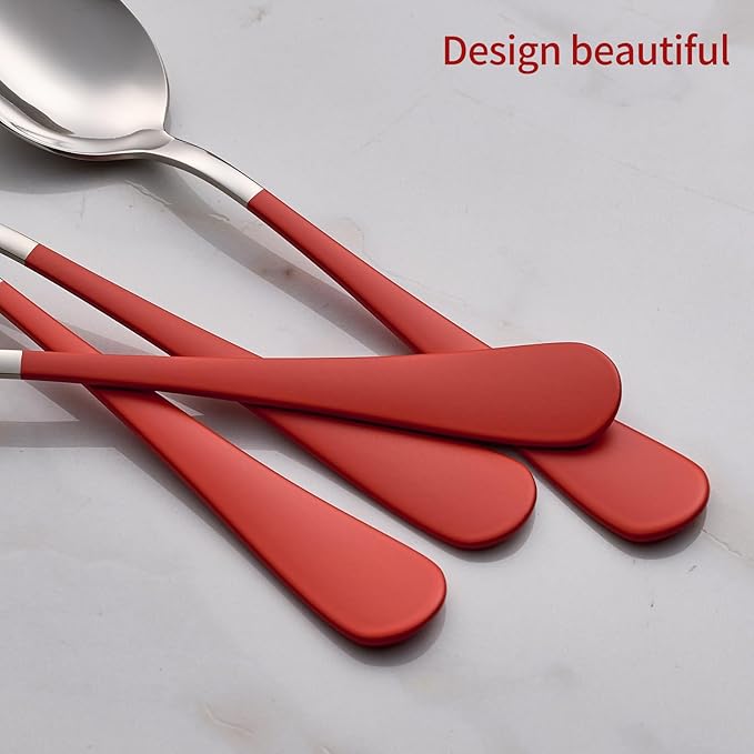 Red Dinne spoons Set 12 Piece,Red Handle Silverware 18/0 Stainless Steel Flatware Bulk,7.3-inch Dessert Spoons Sets Table Set of 12,Mirror Finished Dishwasher Safe