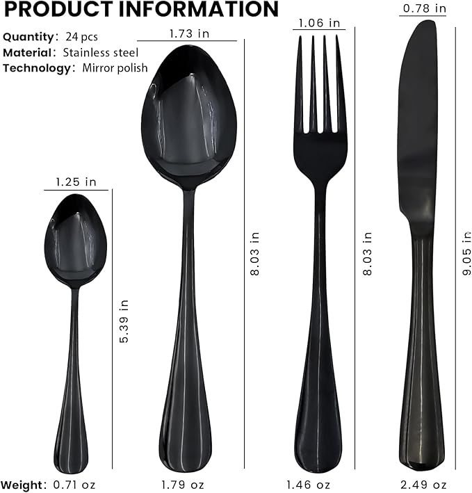 Black Silverware Set, Stainless Steel Flatware Set Service for 6, Kitchen Cutlery Gift Set Utensils Knife Fork Spoon Dinnerware Tableware Kit for for Home, Wedding, Restaurant (Black)